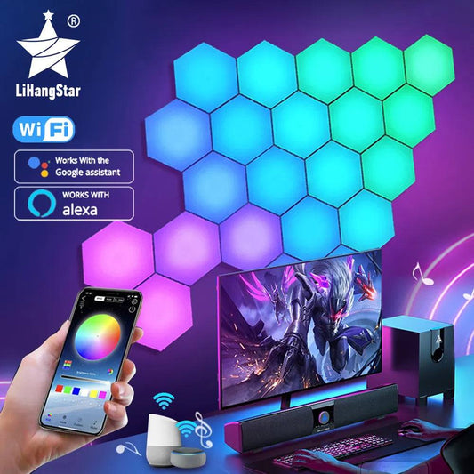 RGB Bluetooth LED Hexagon Light Indoor Wall LightsThe RGB Bluetooth LED Hexagon Light is an innovative and stylish indoor wall light designed to elevate the ambiance of any room. It's perfect for computer game rooms1724RGB Bluetooth LED Hexagon Light Indoor Wall Lights
