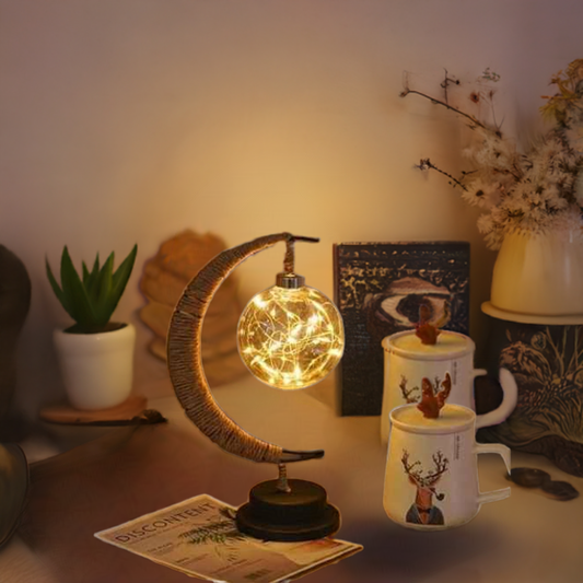 Enchanted Lunar LampThe lamp's versatile design functions as both a book light and atmospheric enhancer. Featuring a crescent-shaped lamp holder, a glass globe lampshade, and a black ir1724Enchanted Lunar Lamplighting