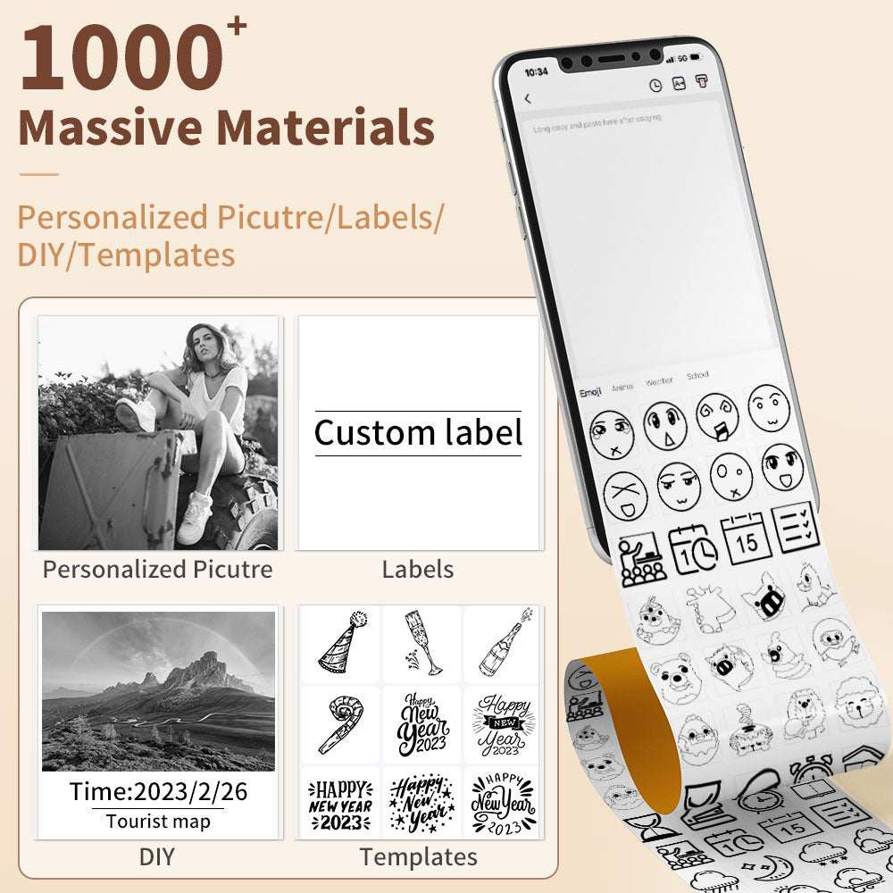 Portable Bluetooth Thermal Label Printer with Self-Adhesive Thermal PaTake the convenience of printing to the next level with the Mini Pocket Printer. Compact, inkless, and remarkably quiet, this device boasts a swift 10mm/s printing s1724Portable Bluetooth Thermal Label Printer