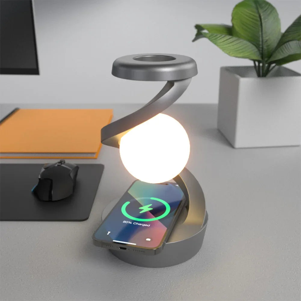 Levitating Ball Lamp with Wireless ChargerTransform your space with the mesmerizing Levitating Ball Lamp with Wireless Charger, designed to captivate and elevate any environment. This 3D LED moon-like ball f1724Levitating Ball Lamp